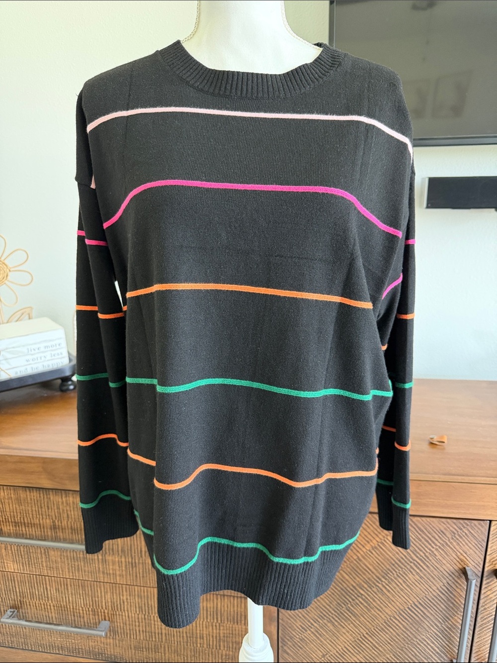 Black Striped Crewneck Sweater with Pink, Orange & Green Accents